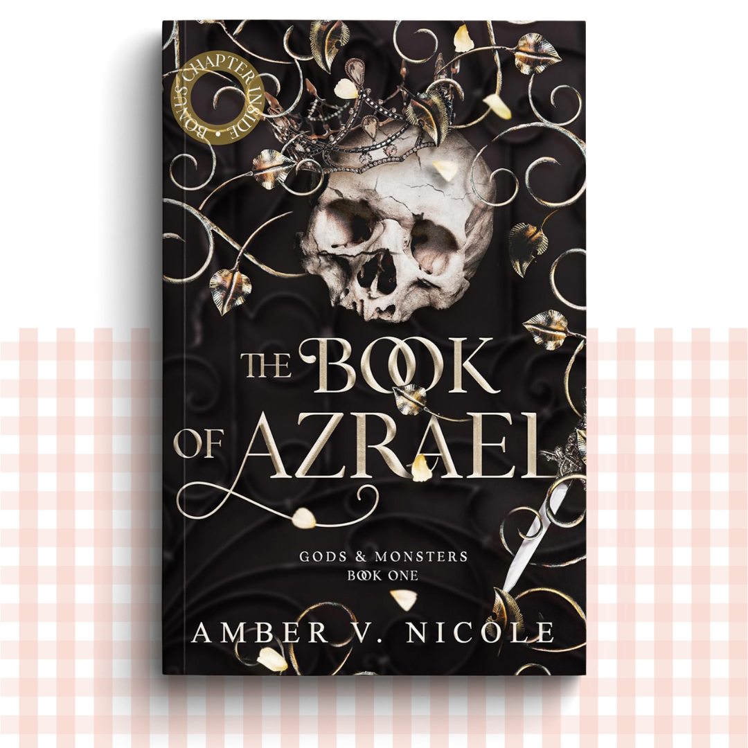 Paperback book cover of 'The Book of Azrael' with a skull and decorative elements on a dark background.