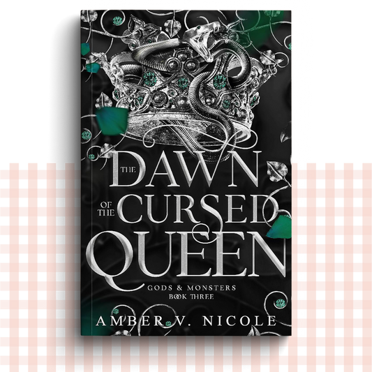 Paperback book cover of 'The Dawn of the Cursed Queen' with green and black decorative fantasy elements
