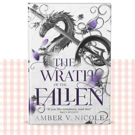 Hardback book cover of 'The Wrath of the Fallen' with dragons and decorative elements on a white background.