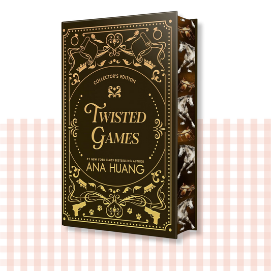 Hardback book cover of 'Twisted Games' by Ana Huang with decorative gold and yellow cover, and horse sprayed edges