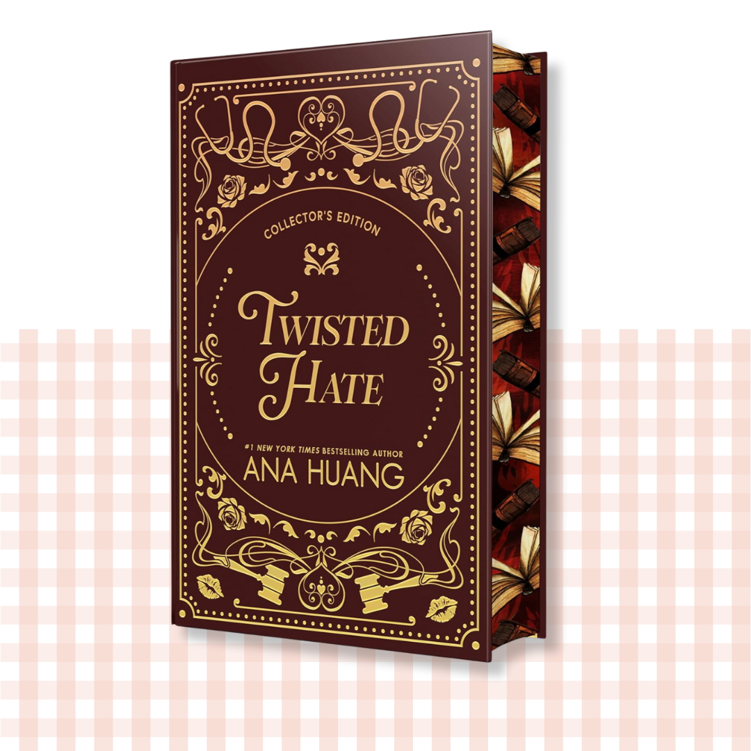 Hardback book cover of 'Twisted Hate' by Ana Huang with decorative gold text on a brown background, and book sprayed edges.