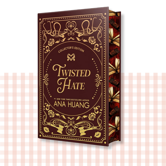 Hardback book cover of 'Twisted Hate' by Ana Huang with decorative gold text on a brown background, and book sprayed edges.