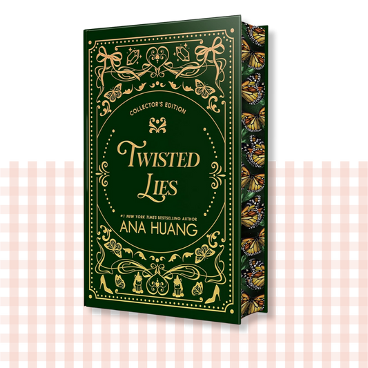 Hardback book cover of 'Twisted Lies' by Ana Huang with decorative green and gold design and butterfly sprayed edges