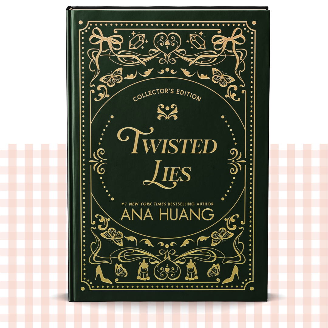 Hardback book cover of 'Twisted Lies' by Ana Huang with decorative green and gold design and butterfly sprayed edges