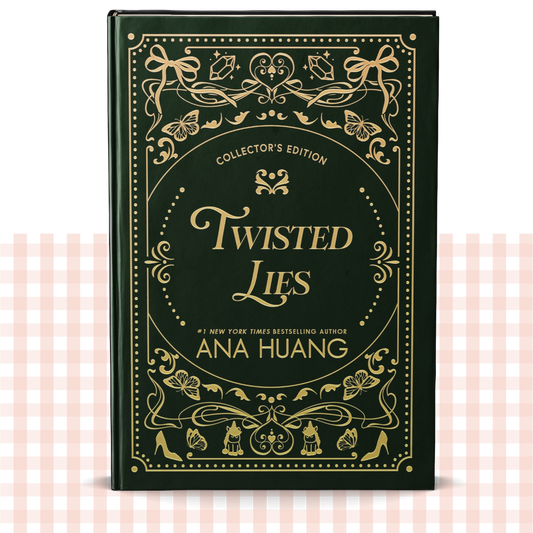 Hardback book cover of 'Twisted Lies' by Ana Huang with decorative green and gold design and butterfly sprayed edges