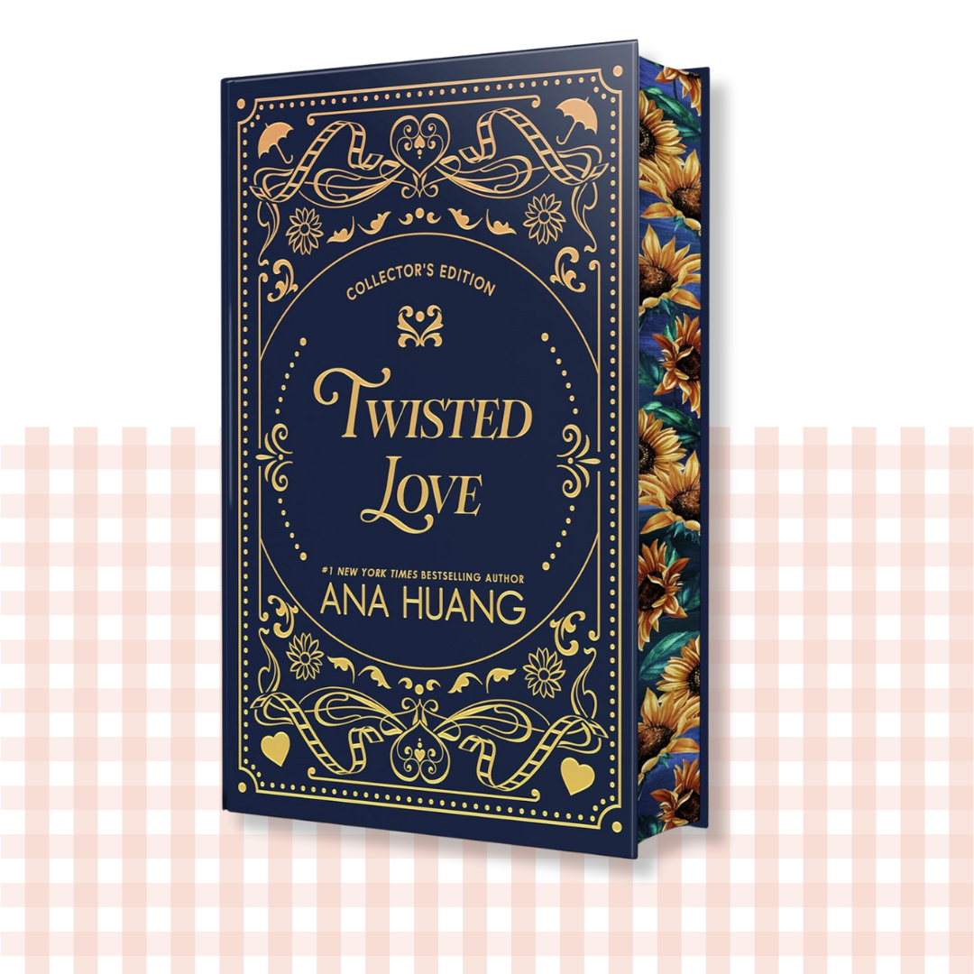 Hardback book cover of 'Twisted Love' by Ana Huang with decorative blue and gold design and sunflower sprayed edges.