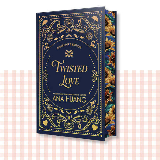 Hardback book cover of 'Twisted Love' by Ana Huang with decorative blue and gold design and sunflower sprayed edges.