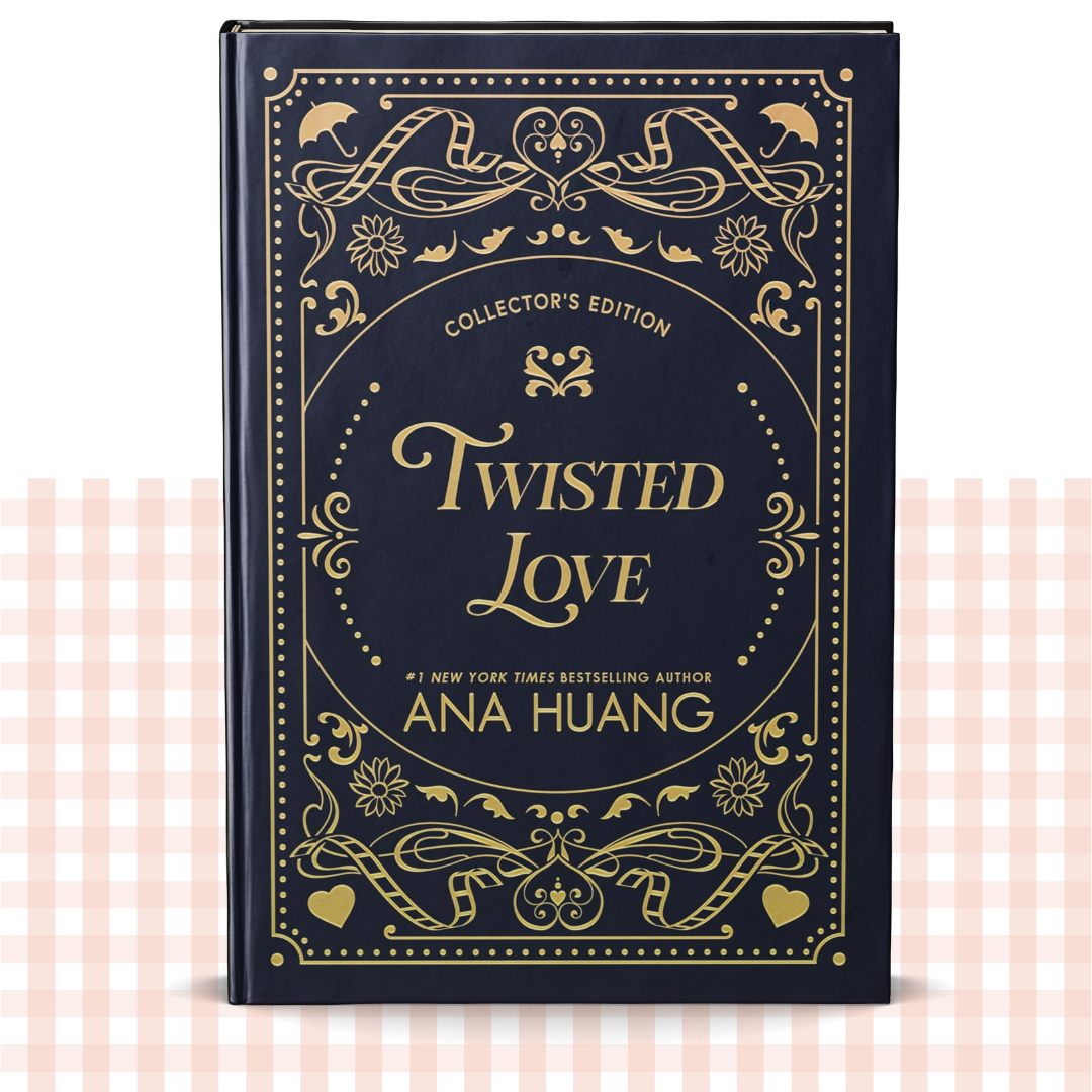 Hardback book cover of 'Twisted Love' by Ana Huang with decorative blue and gold design