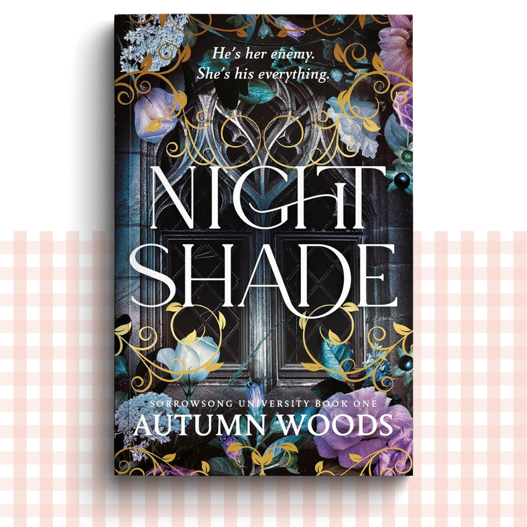 Paperback book cover of 'Nightshade' by Autumn Woods with decorative floral elements and text.