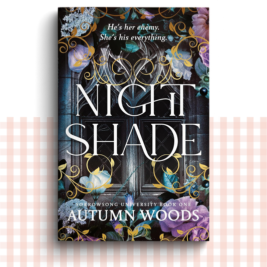 Paperback book cover of 'Nightshade' by Autumn Woods with decorative floral elements and text.