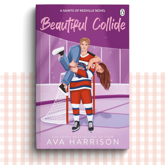 Paperback book cover of 'Beautiful Collide' by Ava Harrison with two characters on an ice rink with a purple background.