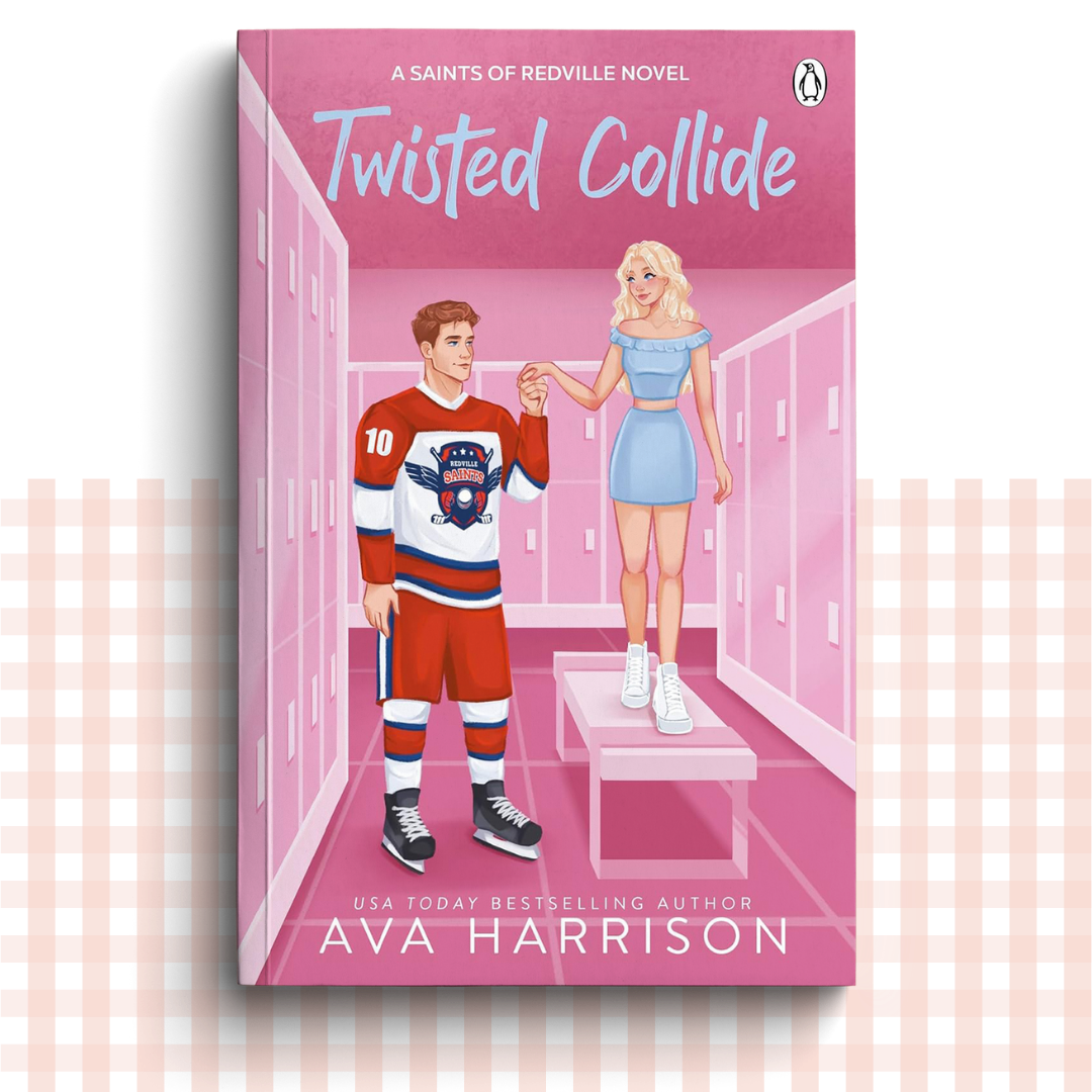 Paperback book cover of 'Twisted Collide' by Ava Harrison with illustrations of two characters in a locker room.
