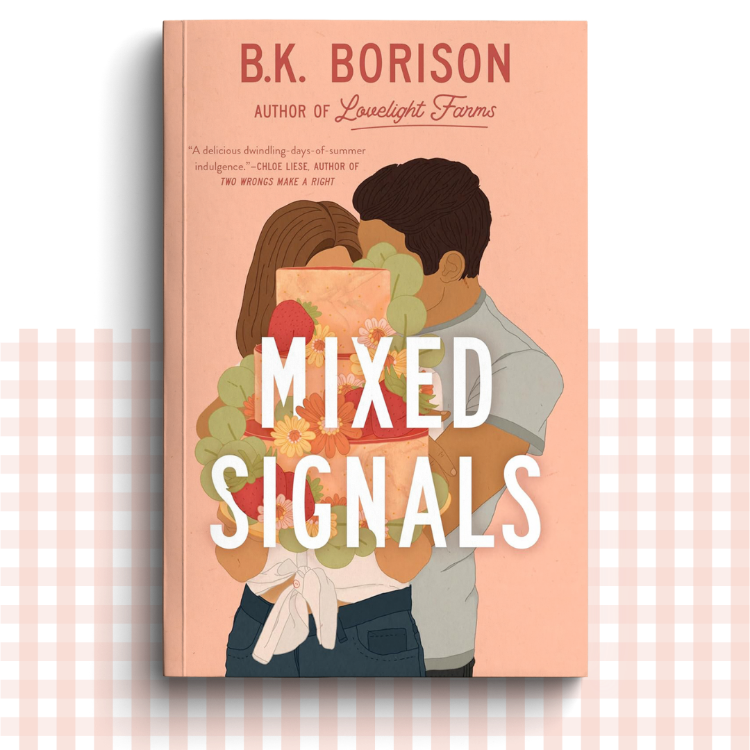 Paperback book cover of 'Mixed Signals' by B.K. Borison with two characters embracing behind a cake on a peach coloured background.