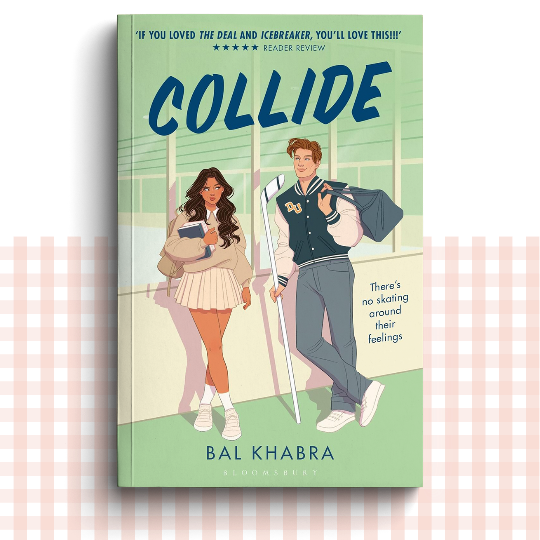 Paperback book cover of 'Collide' with two characters in front of an ice rink on a green background.