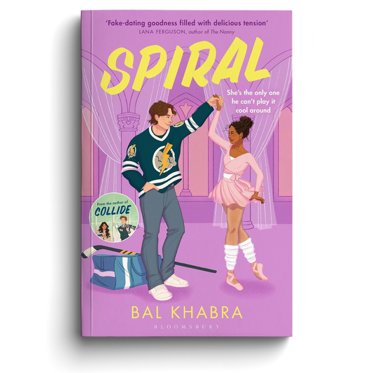 Book cover of 'Spiral' featuring two characters in a dance pose on a purple background.