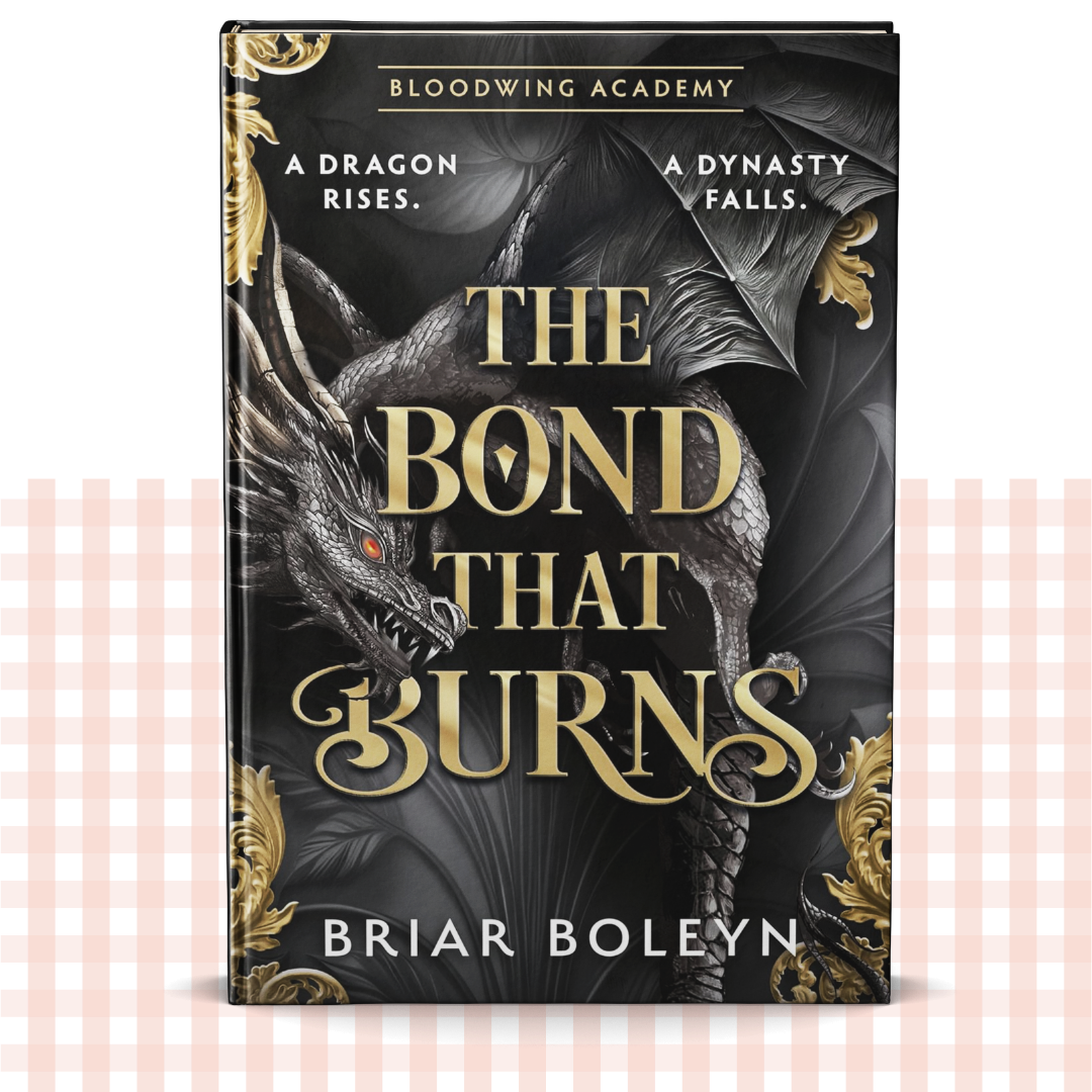 Hardback book cover of 'The Bond That Burns' by Briar Boleyn with a black and gold dragon illustration