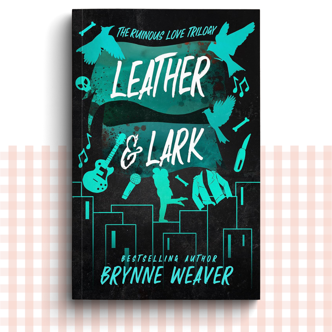 Paperback book cover of 'Leather & Lark' from 'The Ruinous Love Trilogy' by Brynne Weaver with a black and blue design.
