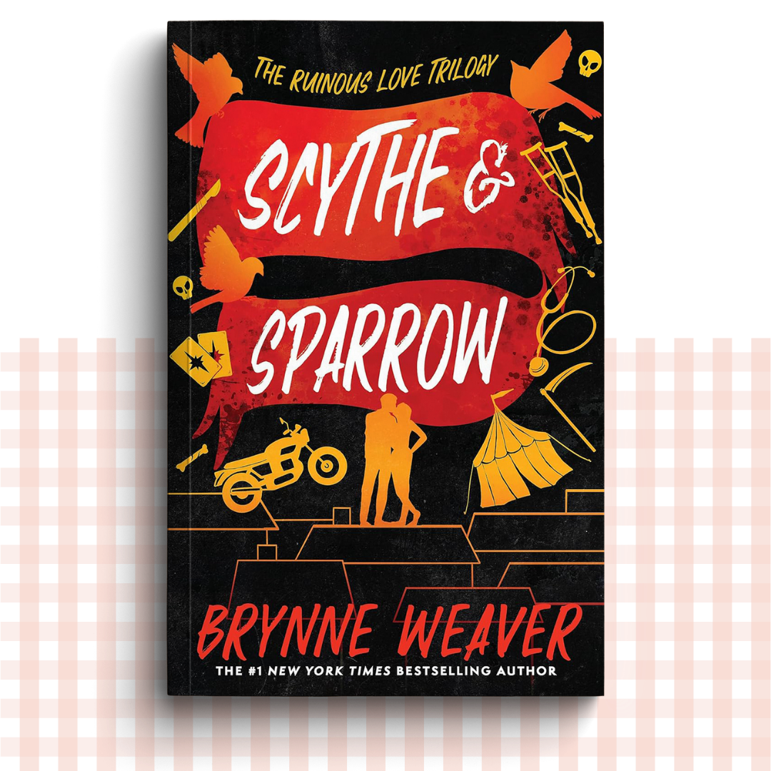 Paperback book cover of 'Scythe & Sparrow' by Brynne Weaver with a dark orange, yellow and black cover in a circus theme.
