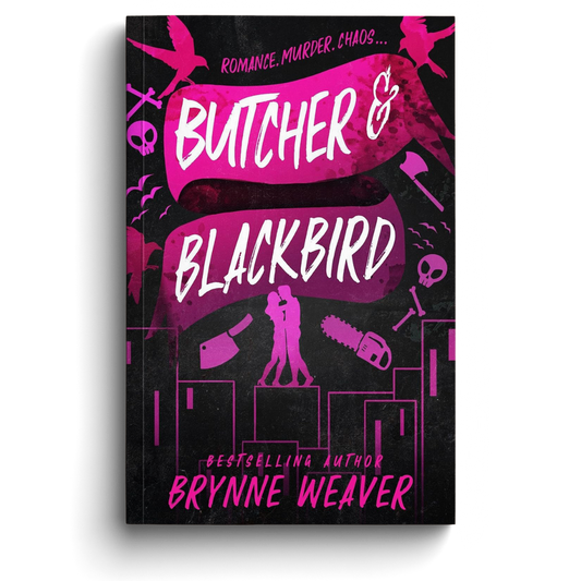 Book cover of 'Butcher & Blackbird' with pink text and icons on a black background