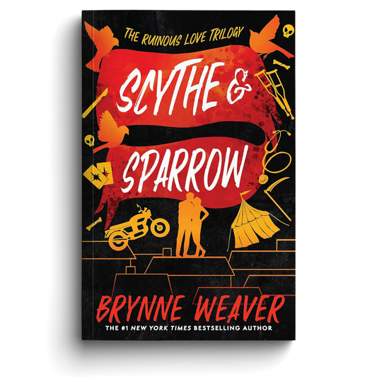 Book cover of 'Scythe & Sparrow' by Brynne Weaver with colorful design elements on a black background.