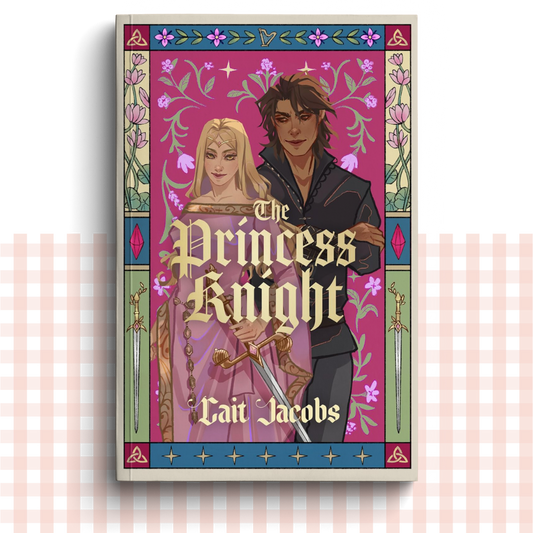 Paperback book cover of 'The Princess Knight' by Cait Jacobs with a stylized illustration of a princess and knight on a pink background.