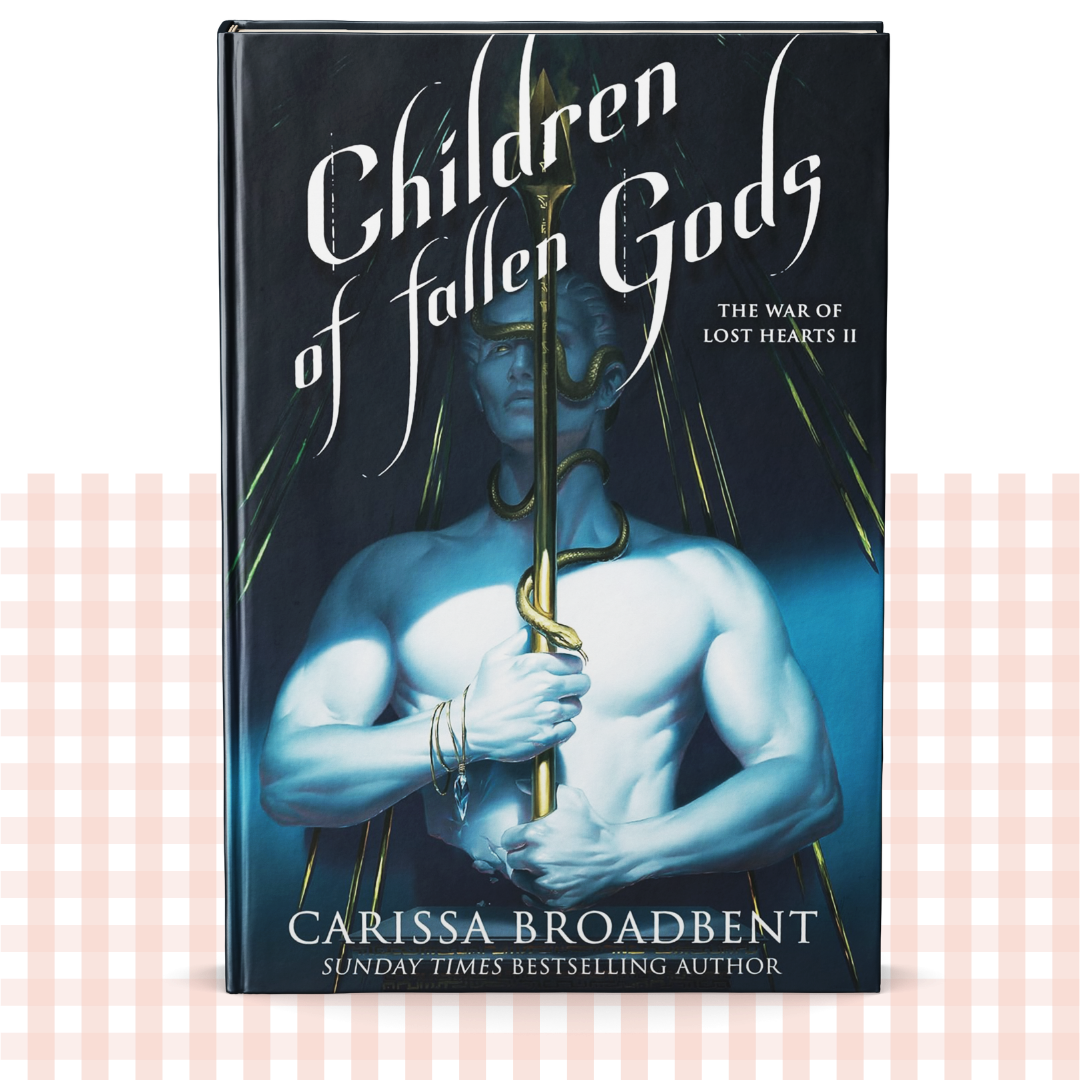 Hardback book cover of 'Children of Fallen Gods' by Carissa Broadbent with a blue and gold fantasy design.