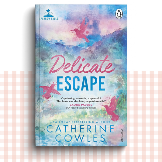 Paperback book cover of 'Delicate Escape' by Catherine Cowles with colourful design and bird illustrations.
