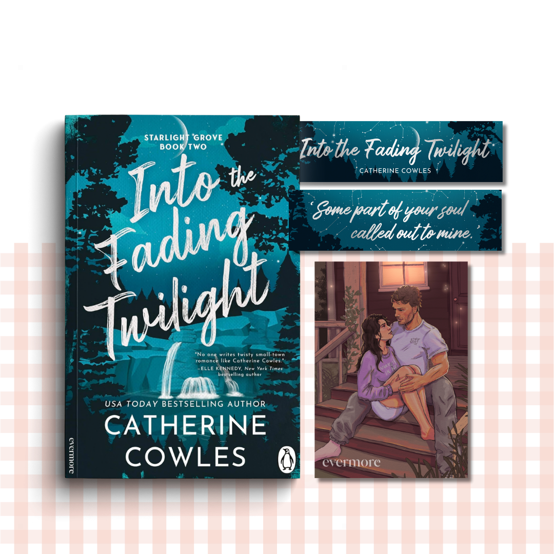 Paperback book cover of 'Into the Fading Twilight' by Catherine Cowles with promotional pre-order goodies to match the book.