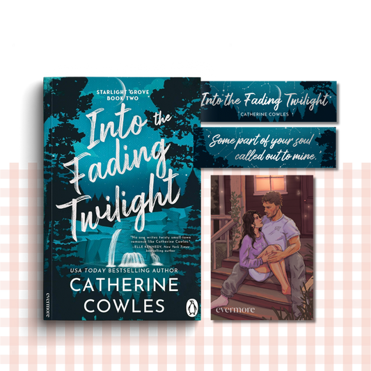 Paperback book cover of 'Into the Fading Twilight' by Catherine Cowles with promotional pre-order goodies to match the book.