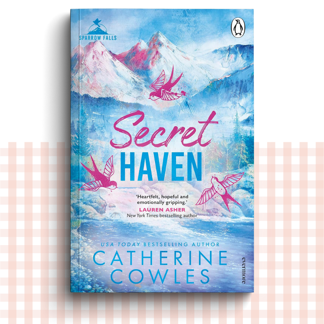 Paperback book cover of 'Secret Haven' by Catherine Cowles with mountain and bird design on a blue background.
