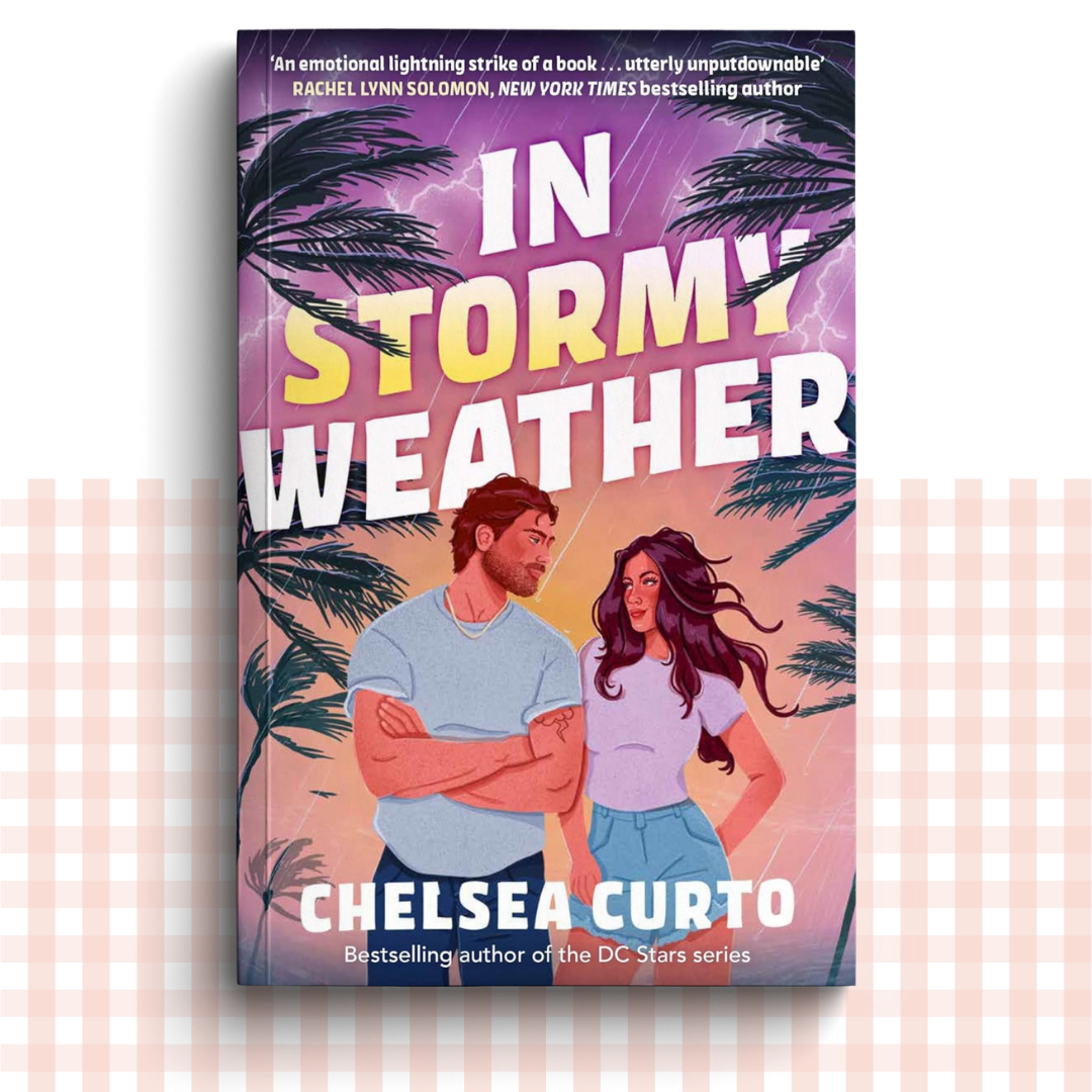 Paperback book cover of 'In Stormy Weather' by Chelsea Curto with a couple under palm trees and lightning.