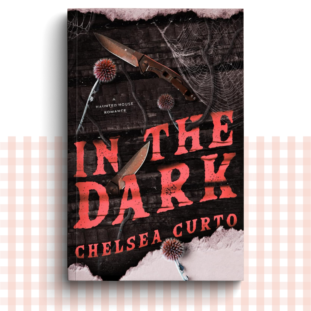 Paperback book cover of 'In the Dark' by Chelsea Curto with a dark knife and spider web design.