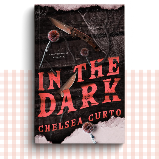 Paperback book cover of 'In the Dark' by Chelsea Curto with a dark knife and spider web design.