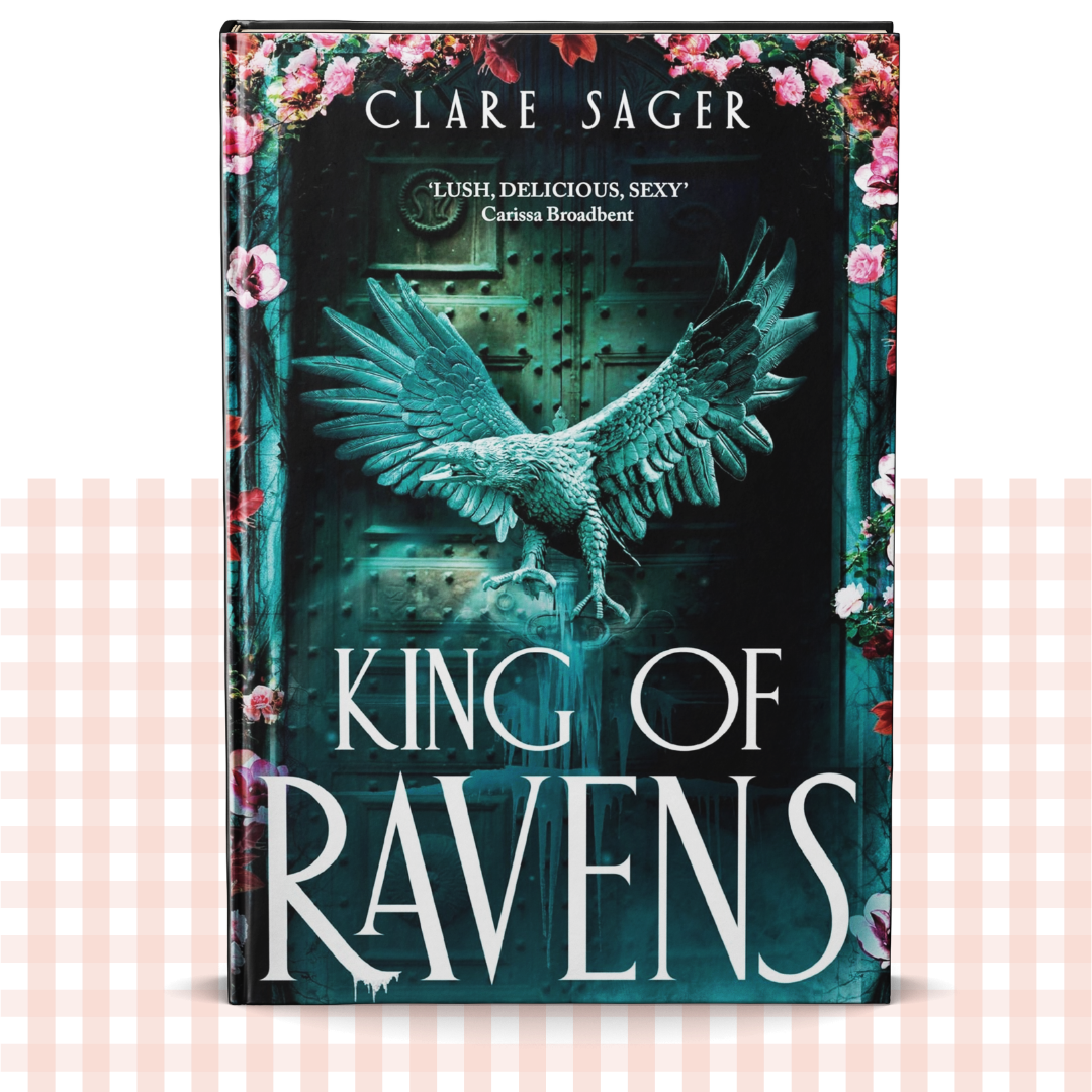 Hardback book cover of 'King of Ravens' by Clare Sager with an eagle and floral design