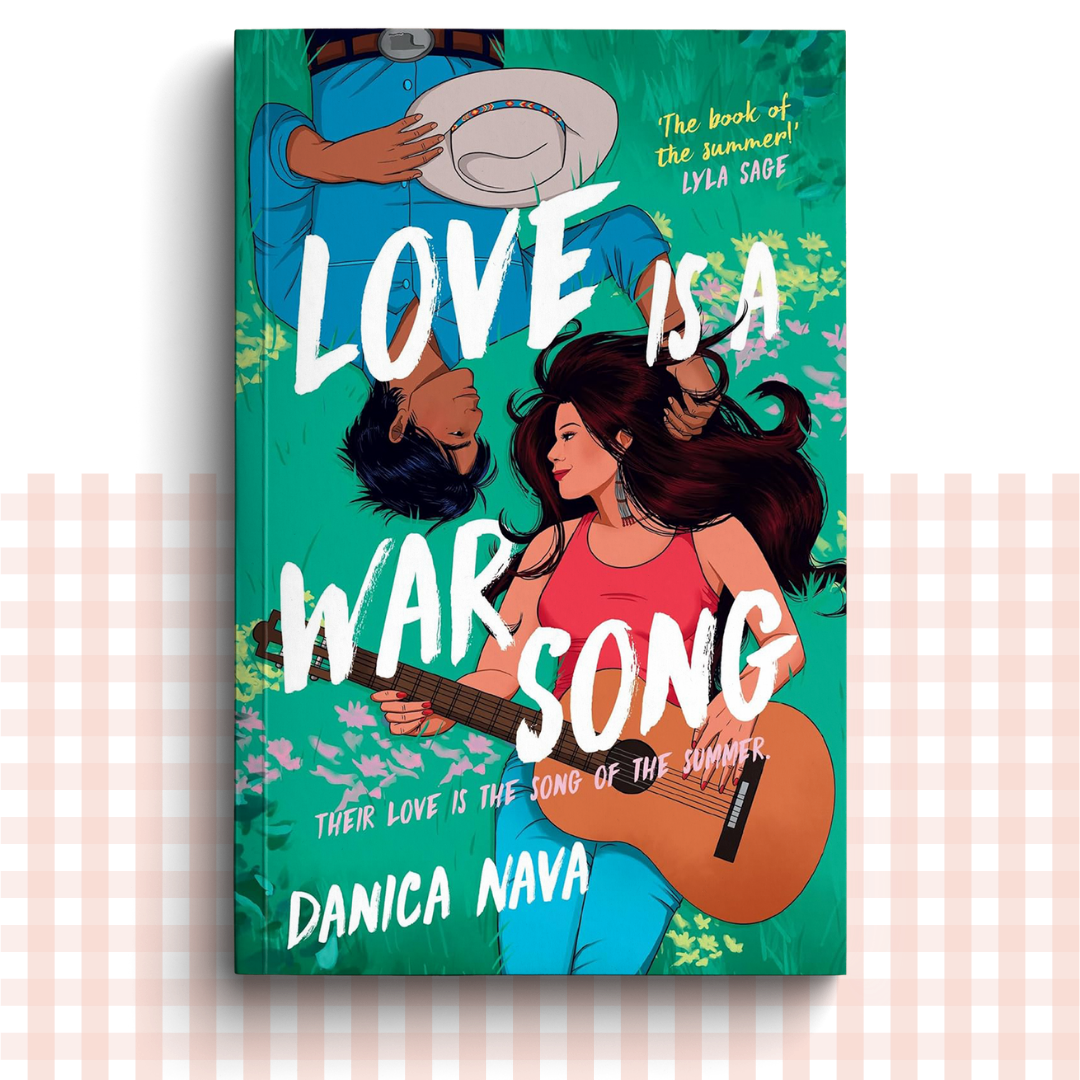 Paperback book cover of 'Love is a War Song' by Danica Nava with two people laying together on a grass background.