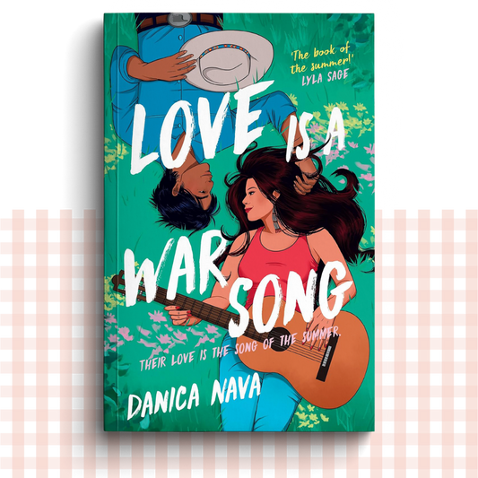 Paperback book cover of 'Love is a War Song' by Danica Nava with two people laying together on a grass background.