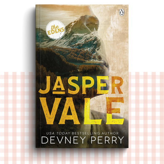 Paperback book cover of 'Jasper Vale' by Devney Perry with a yellow mountainous landscape.