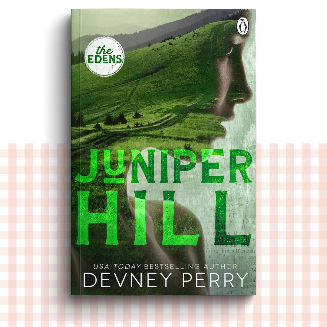 Paperback book cover of 'Juniper Hill' by Devney Perry with a green landscape and profile of a person.
