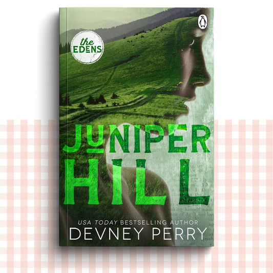 Paperback book cover of 'Juniper Hill' by Devney Perry with a green landscape and profile of a person.