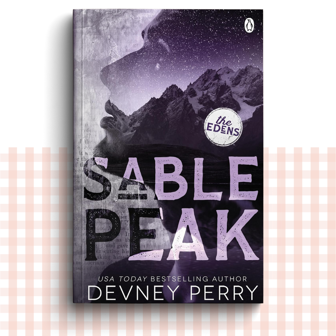 Paperback book cover of 'Sable Peak' by Devney Perry with purple mountainous landscape design.