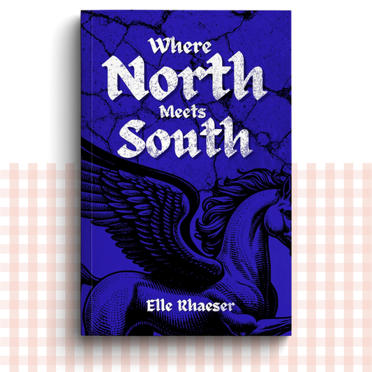 Paperback book cover of 'Where North Meets South' by Elle Rhaeser with a blue background and winged horse illustration.