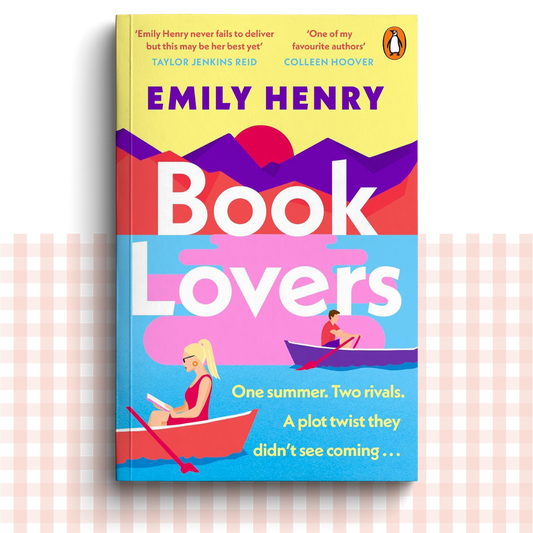 Paperback book cover of 'Book Lovers' by Emily Henry with a colourful design of two characters rowing on a lake.
