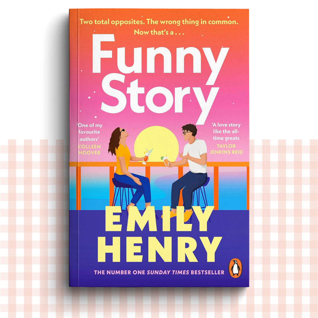 Paperback book cover of 'Funny Story' by Emily Henry with a colourful design and two people sitting at a table.