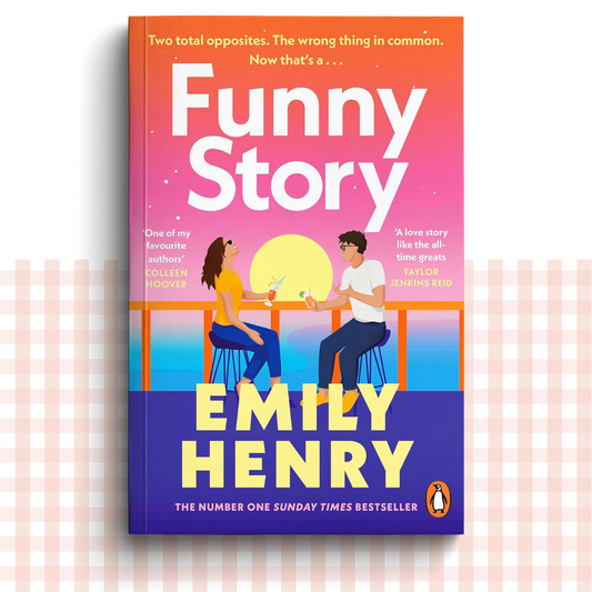 Paperback book cover of 'Funny Story' by Emily Henry with a colourful design and two people sitting at a table.