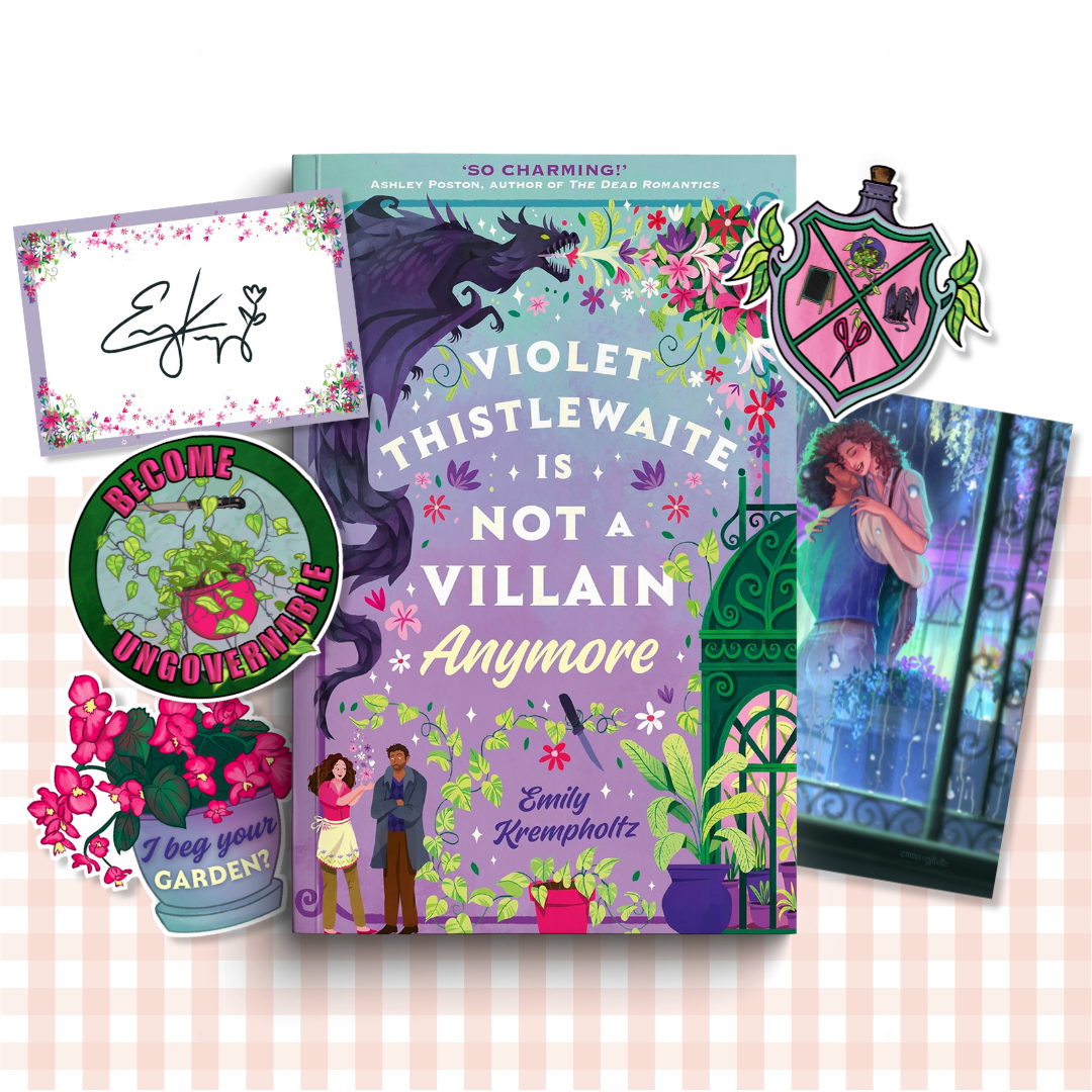 Paperback book cover of 'Violet Thistlewaite is Not a Villain Anymore' by Emily Krempholtz with related merchandise.