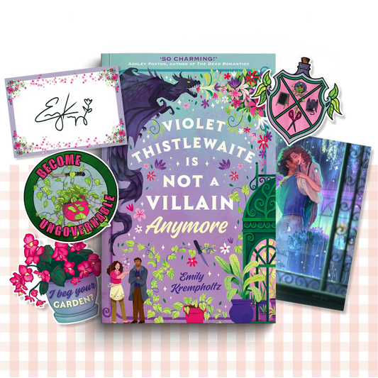 Paperback book cover of 'Violet Thistlewaite is Not a Villain Anymore' by Emily Krempholtz with related merchandise.