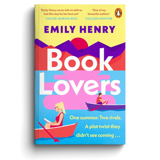 Book cover of 'Book Lovers' by Emily Henry with colorful design and text.