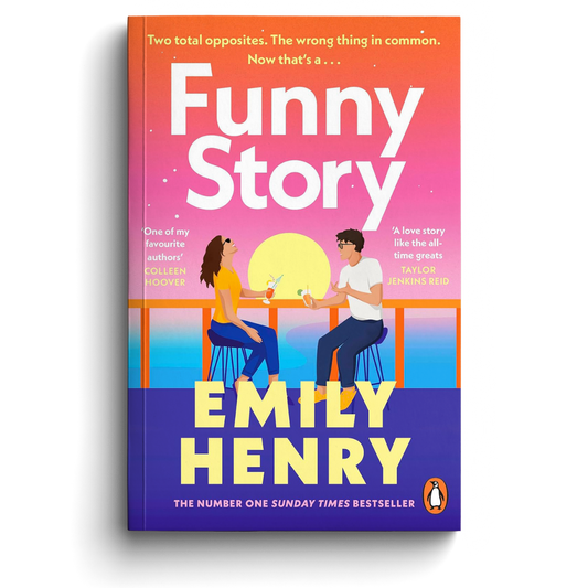 Book cover of 'Funny Story' by Emily Henry with a colorful design and two people sitting at a table.