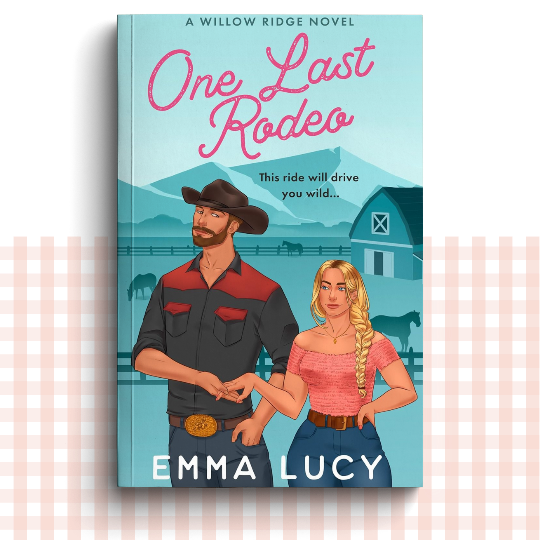 Paperback book cover of 'One Last Rodeo' by Emma Lucy with illustrations of a man and woman in front of a barn.
