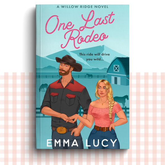 Paperback book cover of 'One Last Rodeo' by Emma Lucy with illustrations of a man and woman in front of a barn.